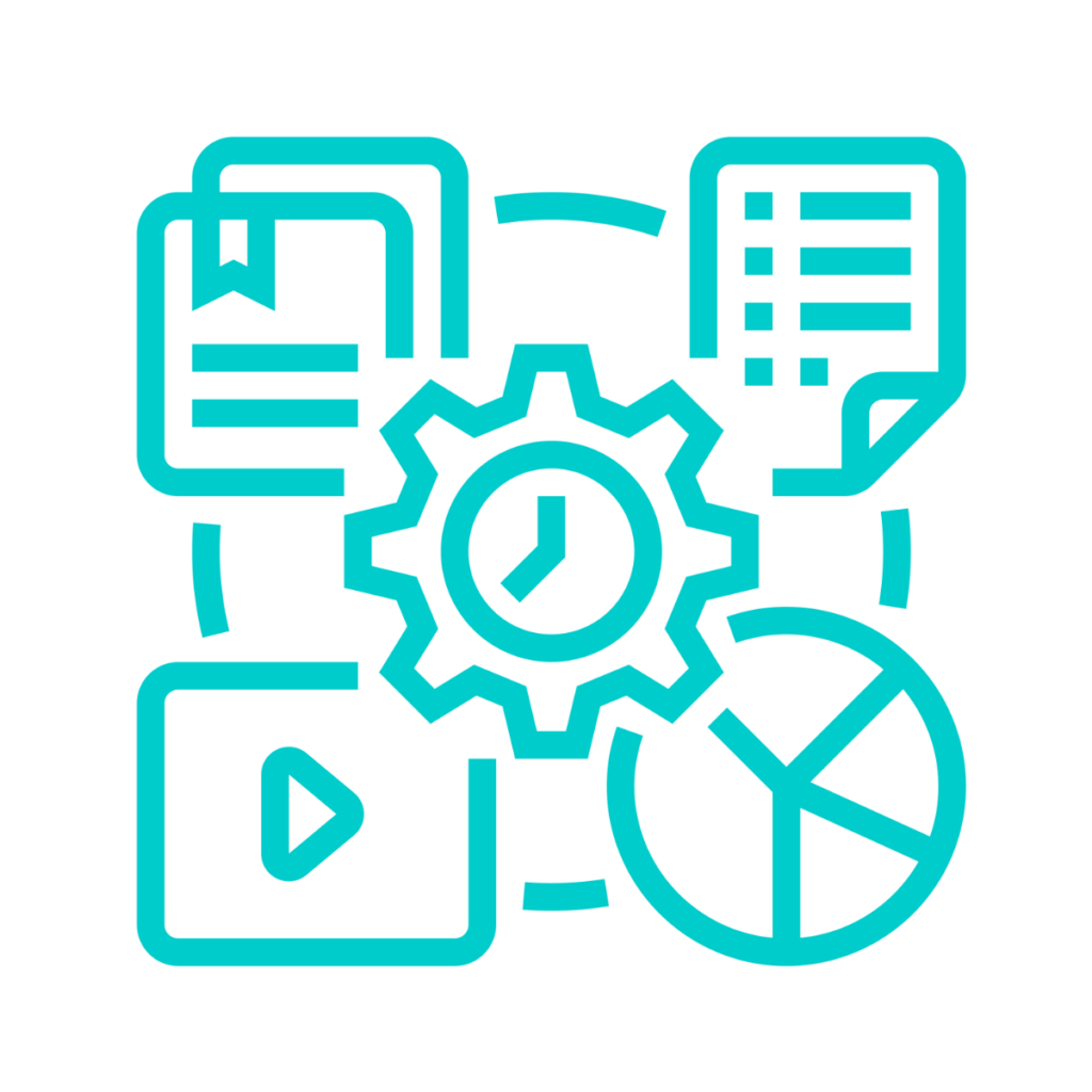 combination of technology, research papers, video media icons illustrating the various stakeholders in project development